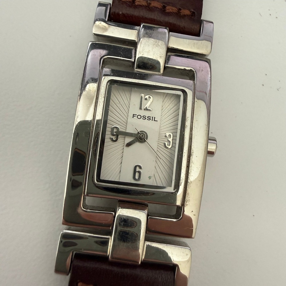 Fossil F2 ES-1855 Women Watch Silver Stainless Steel Brown Leather Rectangular